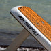 Close-up of the white SiFly Stellar eFoil board featuring a wood-effect deck and SiFly side branding.