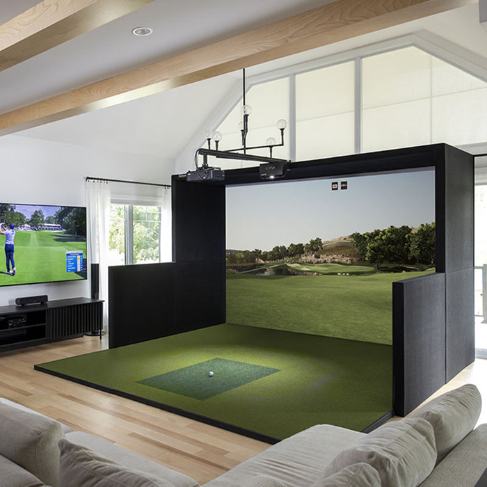 Modern home golf room featuring the Simbooth 1 Golf Simulator Kit setup with spacious design, widescreen virtual course and side TV for immersive practice.