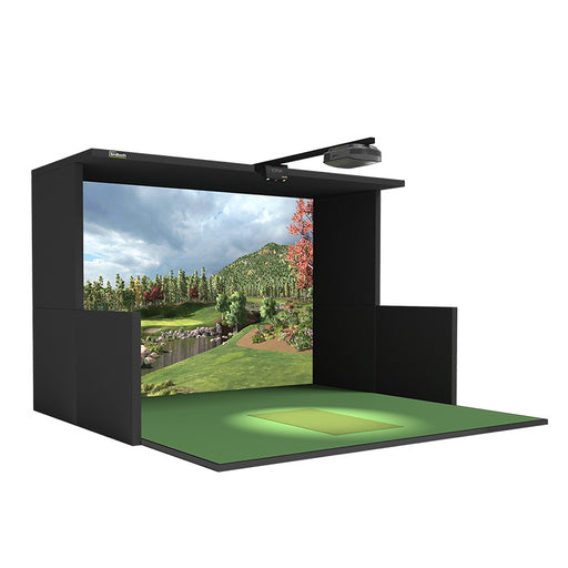 SimBooth 2 golf simulator kit with realistic golf course visuals, wide screen display, and indoor green flooring – perfect for immersive home or commercial golf practice setups.