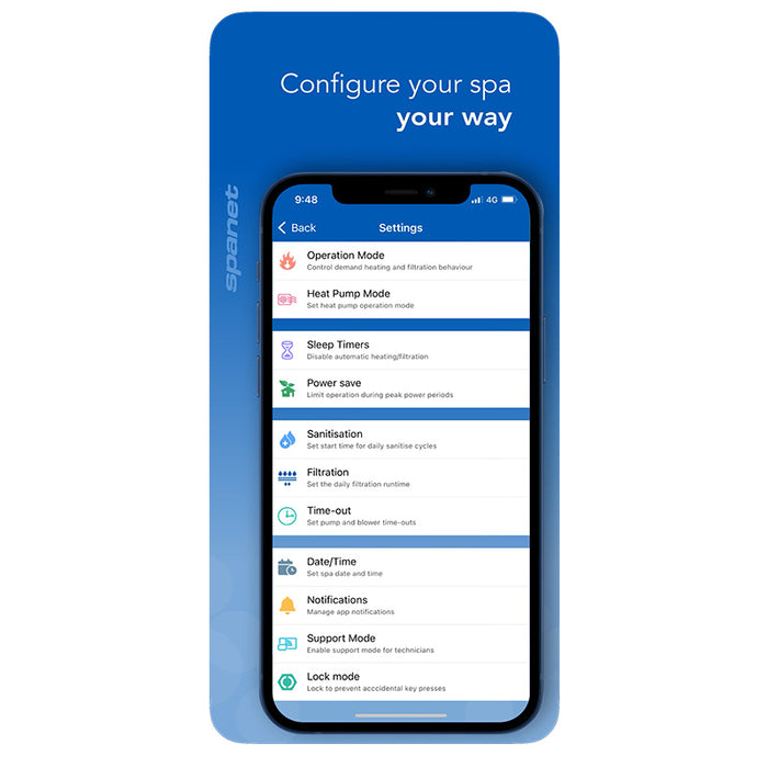 SpaNet app screen for configuring various spa settings including timers, power saving, and operational modes.