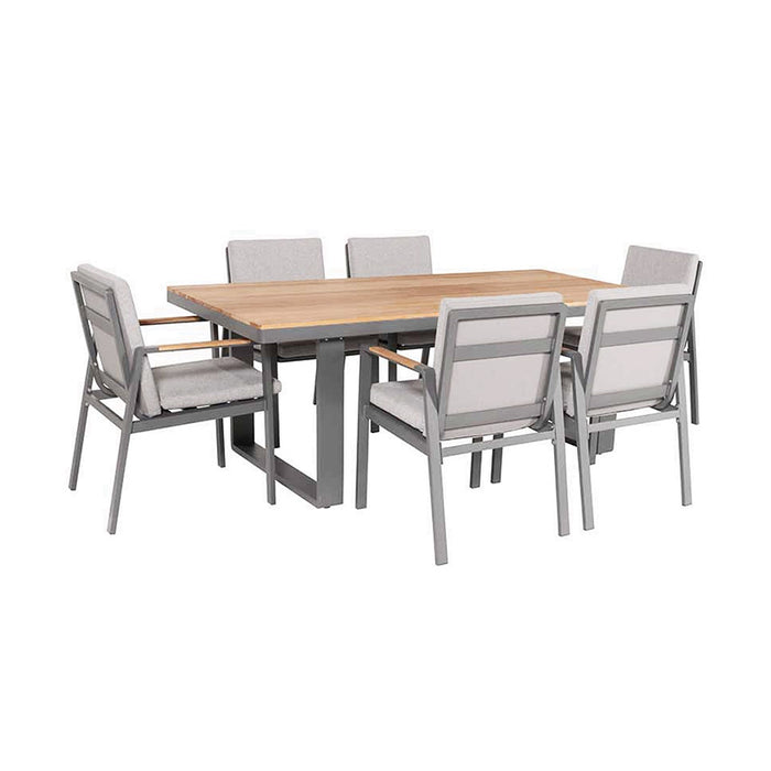 Angled perspective of the Stockholm 6 Seater Outdoor Dining Set, showing the full arrangement of chairs around the rectangular dining table.