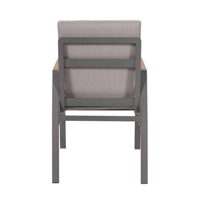 Back view of a chair from the Stockholm 6 Seater Outdoor Dining Set, highlighting the frame's design and grey cushioned seat.