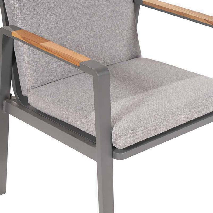 Close-up shot of the cushioned seat of the Stockholm 6 Seater Outdoor Dining Set, emphasising the comfort and texture of the grey fabric.