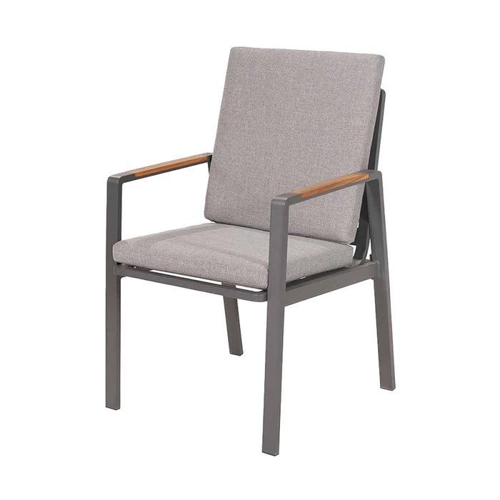 A side view of a chair from the Stockholm 6 Seater Outdoor Dining Set, showing the sleek grey frame and cushioned seating.