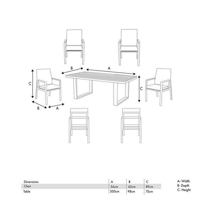 A diagram showing the dimensions of the Stockholm 6 Seater Outdoor Dining Set, detailing the width, depth, and height of both the dining table and chairs, ideal for planning outdoor space arrangements.