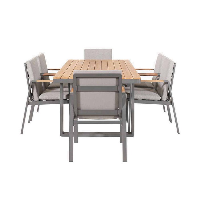 Side view of the Stockholm 6 Seater Outdoor Dining Set, displaying the clean lines and sturdy frame of the chairs and table.