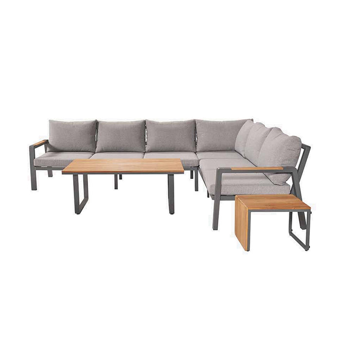 Side view of the Stockholm Outdoor Corner Set highlighting the durable aluminium frame, teak wood accents, and plush grey cushions.