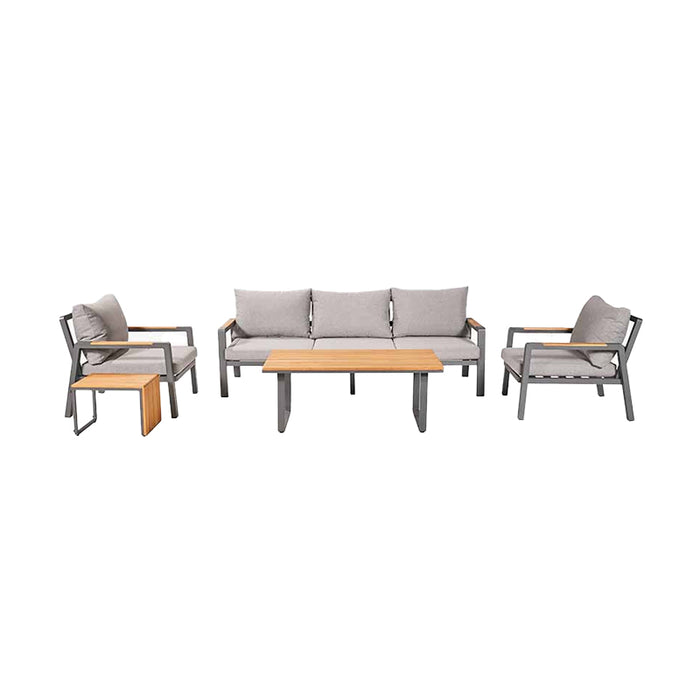 Front view of the Stockholm Outdoor Seating Set showcasing the 3-seater sofa, two armchairs, and matching teak coffee table, all with durable anthracite frames and stylish grey cushions.