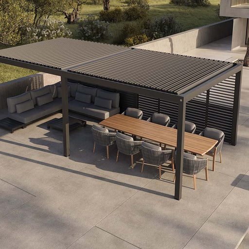 Elegant outdoor dining area under the Suns Lifestyle Luxe Electric Louvered Pergola, offering adjustable shade and protection with sleek aluminium design.