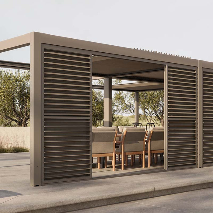 Suns Lifestyle Luxe Electric Louvered Pergola with open side panels, creating an airy and versatile outdoor dining area.