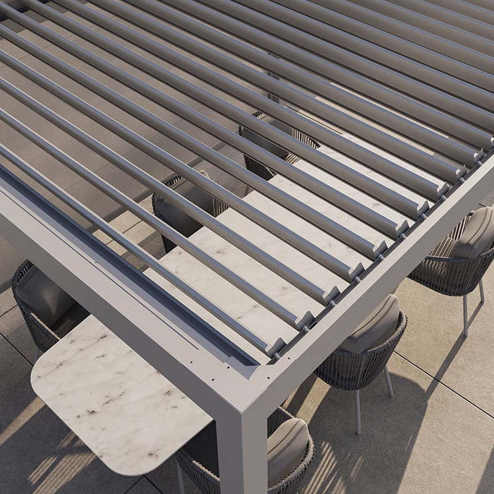 Louvered roof of the Suns Lifestyle Luxe Electric Louvered Pergola in an open position, allowing sunlight to filter through.