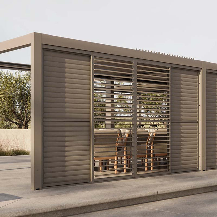 Close-up view of louvered side panels on the Suns Lifestyle Luxe Electric Louvered Pergola, providing privacy and wind protection in a contemporary outdoor space.