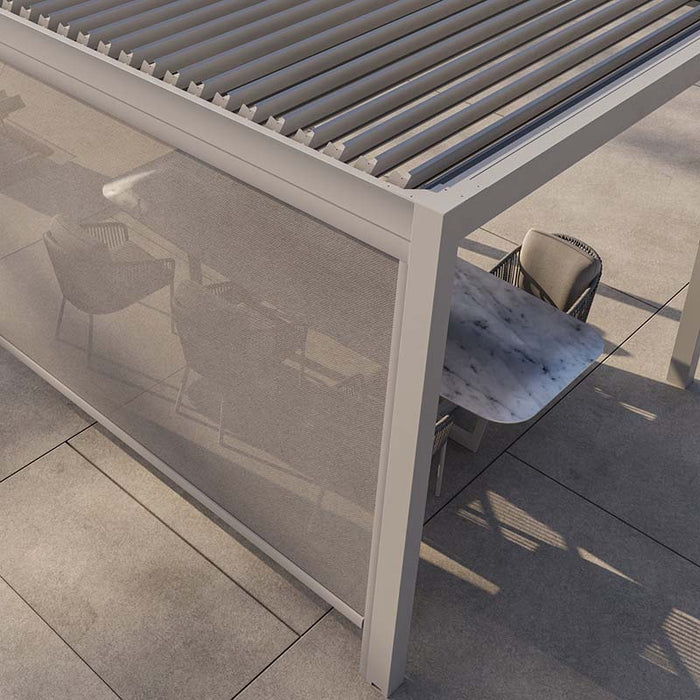 Detailed view of the closed louvered roof on the Suns Lifestyle Luxe Electric Louvered Pergola, offering complete weather protection.