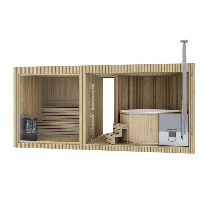 3D rendered cutaway of the Tauras Classic 7-person sauna and hot tub unit in light wood finish, showcasing the interior layout, benches, heater, and stove.