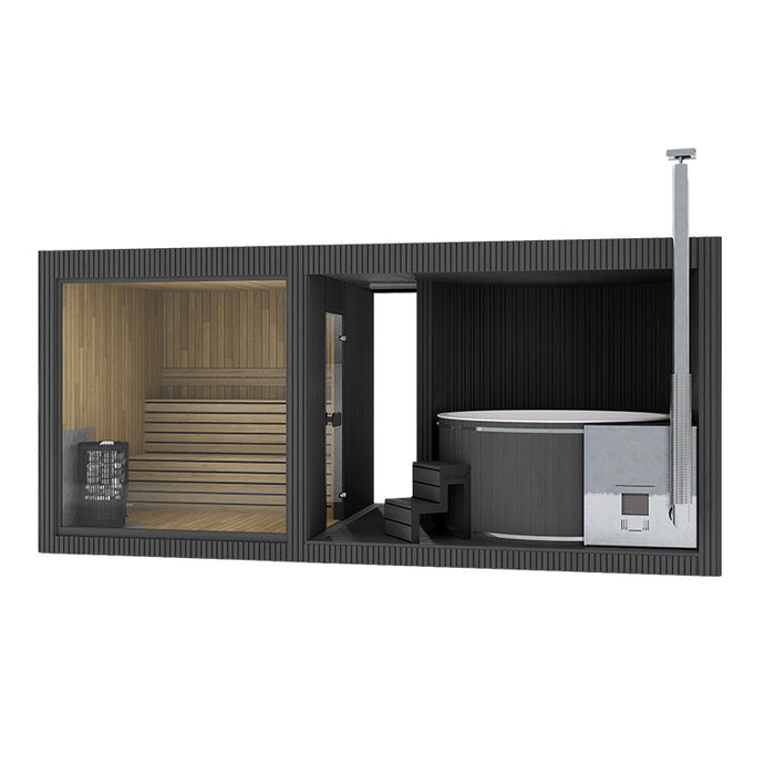 Rendered front view of the Tauras Classic 7-person sauna with hot tub in a black exterior finish, featuring a wood-fired heater, Celsium steps, and spacious sauna interior.