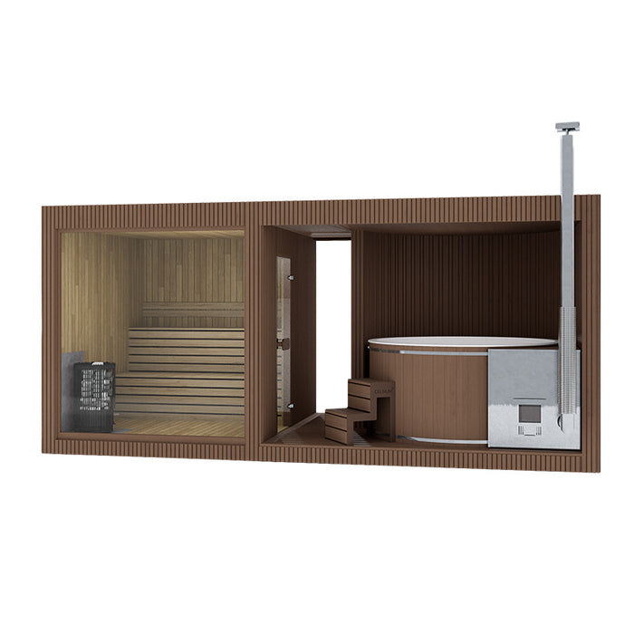 Digital rendering of the Tauras Classic sauna with hot tub in a warm brown wood exterior, highlighting its elegant form and functional two-zone layout.