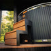 Front view of the Celsium access step leading into the hot tub, highlighting the clean design and craftsmanship of the Tauras Classic outdoor spa.