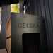 Detail of the Celsium-branded wooden step unit, providing safe and stylish access to the hot tub in the Tauras Classic 7-person outdoor sauna.