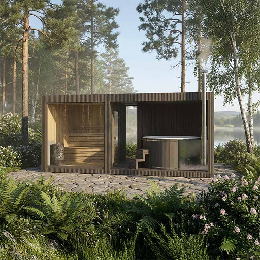 Tauras Classic 7-person sauna cabin with hot tub set in a tranquil forest environment, showcasing modern wood cladding and relaxing outdoor spa experience.