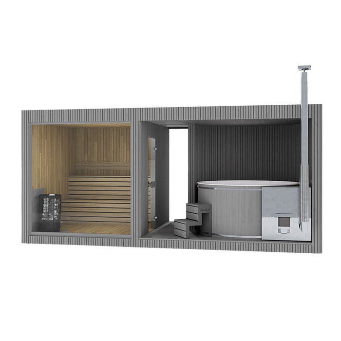 3D render of the Tauras Classic 7-person sauna with integrated hot tub in grey finish, showing the interior benches, Harvia heater, and Celsium access steps.