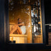 Woman enjoying the warm interior of the Tauras Classic sauna, seen through a panoramic glass window, with natural wood panelling and peaceful ambience.