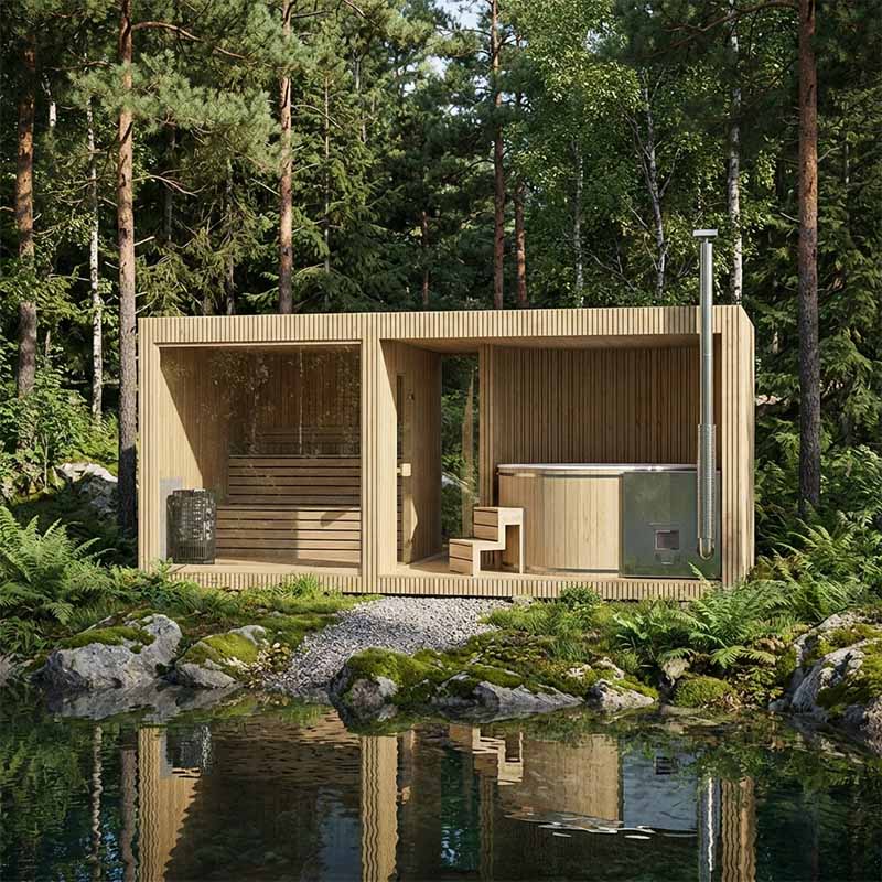 Full side view of the Tauras Classic 8-person sauna and hot tub cabin in a garden setting, blending natural wood interiors with modern black exterior.