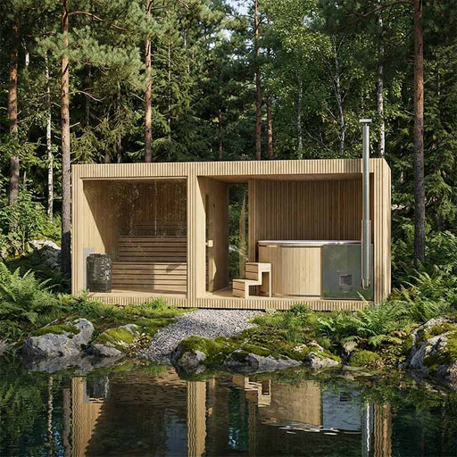 Full side view of the Tauras Classic 8-person sauna and hot tub cabin in a garden setting, blending natural wood interiors with modern black exterior.