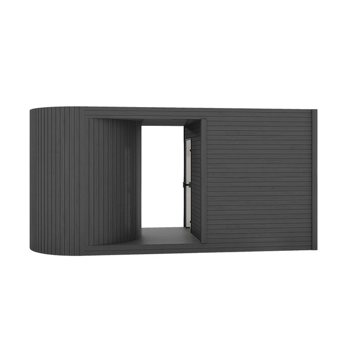 Minimalist black Tauras Modular Air 7-person sauna cabin viewed from the side, featuring a sleek exterior with curved timber panelling and an inviting entryway.