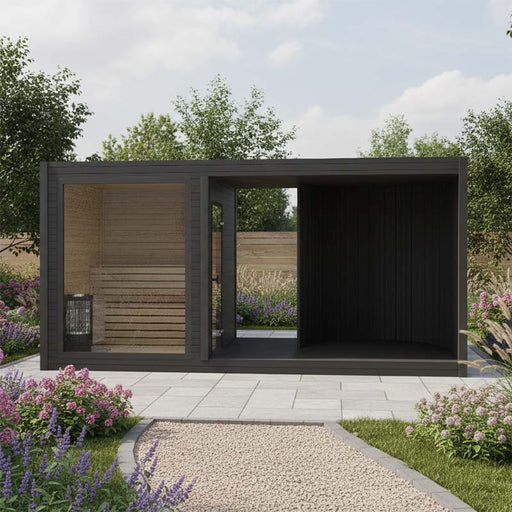 Contemporary black Tauras Modular Air 7-person sauna cabin in a landscaped garden, featuring sleek lines, wooden interior, and lush floral surroundings for a tranquil outdoor spa experience.