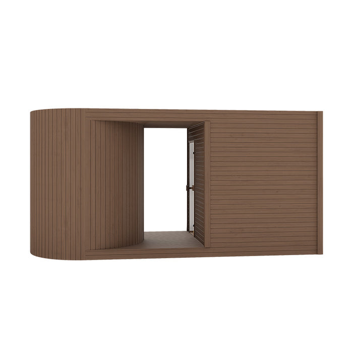Sleek brown Tauras Modular Air 7-person sauna cabin viewed from the side, featuring a curved timber design and minimalist exterior suited for outdoor spa environments.