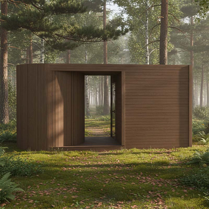 Nature-inspired brown Tauras Modular Air 7-person sauna cabin in a peaceful woodland setting, blending modern design with forest tranquillity for a calming sauna escape.