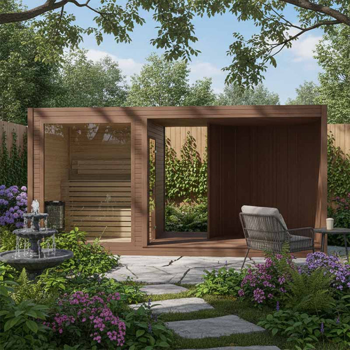Brown wood-finished Tauras Modular Air 7-person sauna cabin nestled in a vibrant garden with a stone fountain and cosy seating, offering a luxurious and serene spa experience at home.