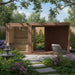 Brown wood-finished Tauras Modular Air 7-person sauna cabin nestled in a vibrant garden with a stone fountain and cosy seating, offering a luxurious and serene spa experience at home.