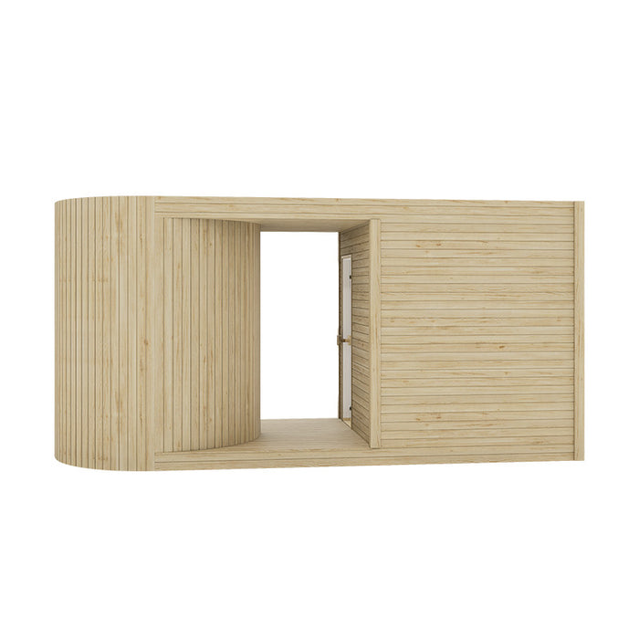 Side angle of the Tauras Modular Air 7-person sauna cabin in light timber finish, highlighting the curved exterior architecture and modern minimalist design for outdoor wellness.