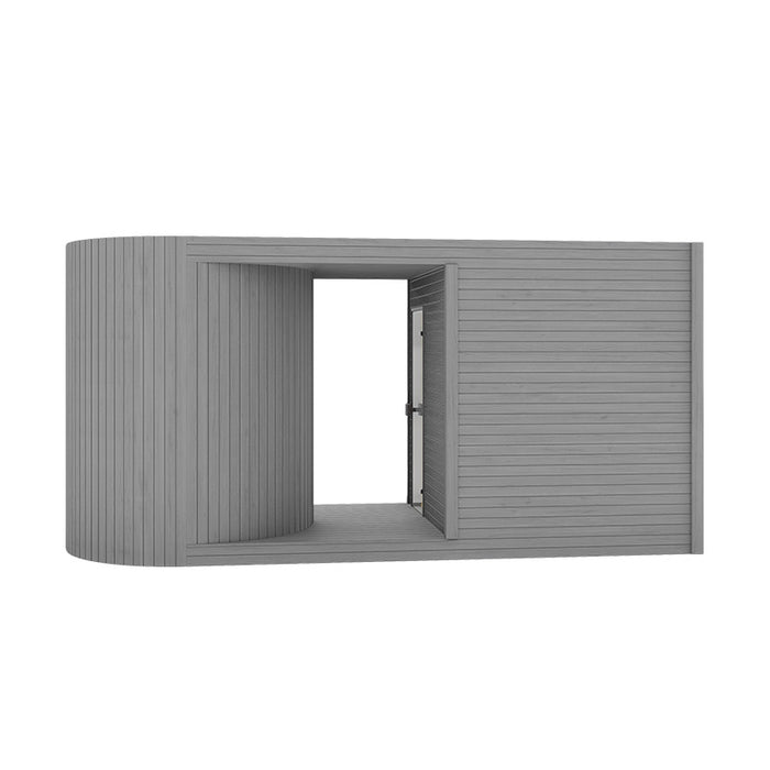 Curved side view of the grey Tauras Modular Air 7-person sauna cabin, featuring sleek timber panelling and minimalist design for elegant integration in outdoor wellness areas.