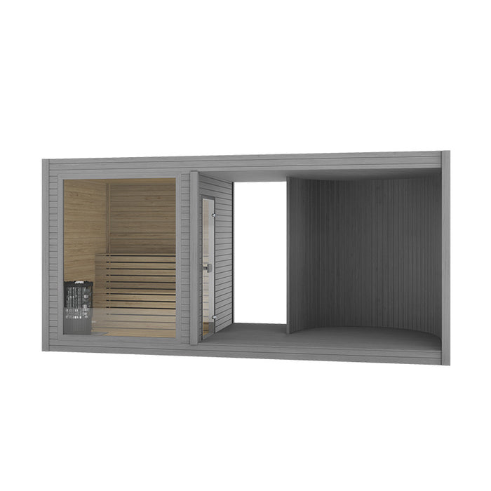Modern grey Tauras Modular Air 7-person sauna cabin with a visible wooden interior, glass sauna door, and curved open space, designed for luxury garden sauna setups.