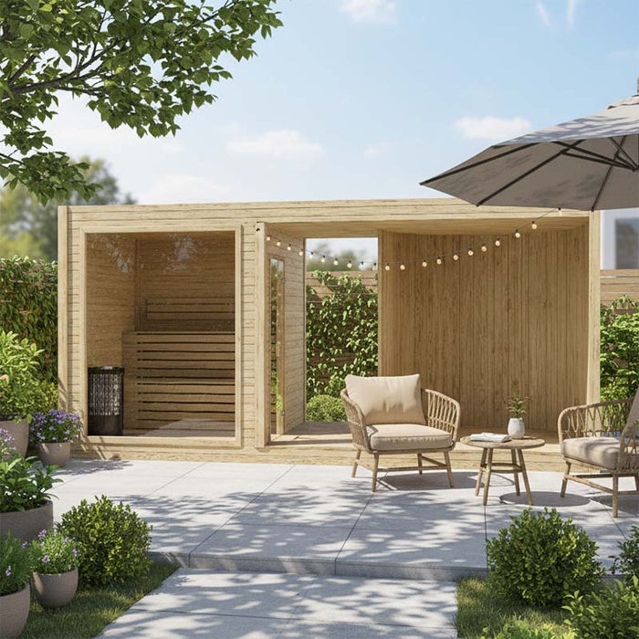 Light wood Tauras Modular Air 7-person sauna cabin styled in a sunny garden patio with seating, string lights, and umbrella, perfect for luxury home wellness and outdoor relaxation.