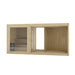 Front view of the Tauras Modular Air 7-person sauna cabin in natural wood finish, showcasing spacious glass door, wooden interior benches, and curved open space, designed for elegant home spa use.
