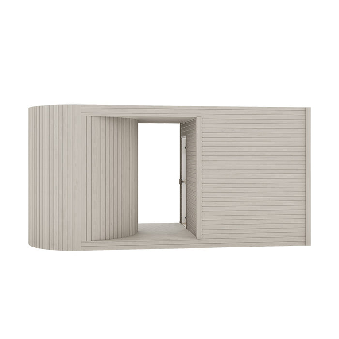 Whitewashed Tauras Modular Air 7-person sauna cabin showcasing its curved timber exterior and minimalist side entrance, ideal for stylish modern garden or spa installations.