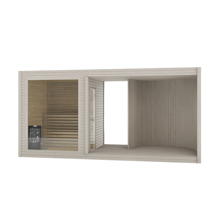 Whitewashed Tauras Modular Air 7-person sauna cabin in a light contemporary finish, offering a bright and airy front view of its wooden interior and clean-lined outdoor design.