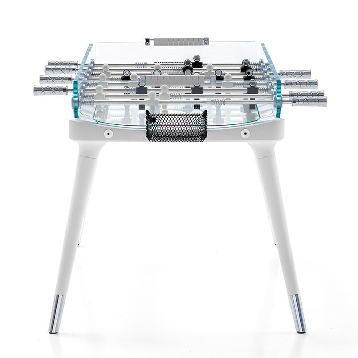 A front-facing image of the high-end foosball table, displaying its clear glass surface, matte white finish, and high-quality player figurines. The design exudes modern elegance.