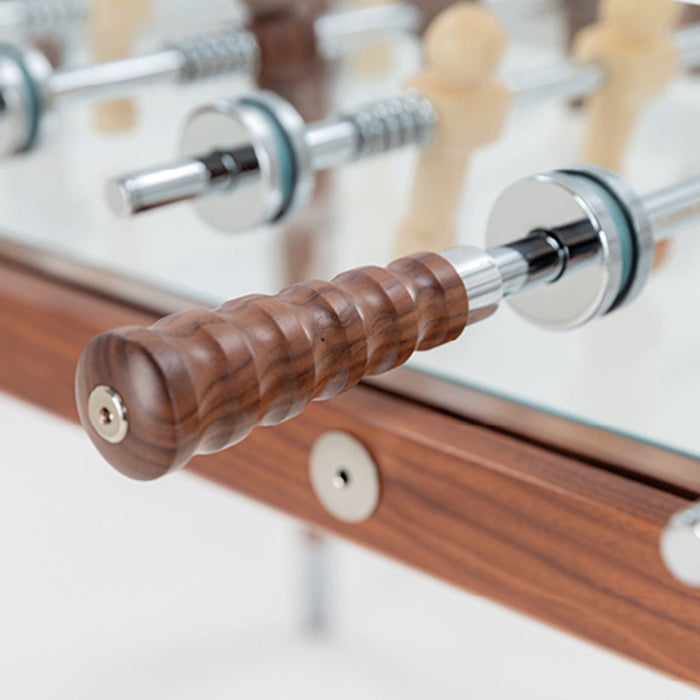 Close-up of the stainless steel rods and shock-absorbing features on the Teckell 90 Minuto Wood Foosball Table - III Noce Italiano.