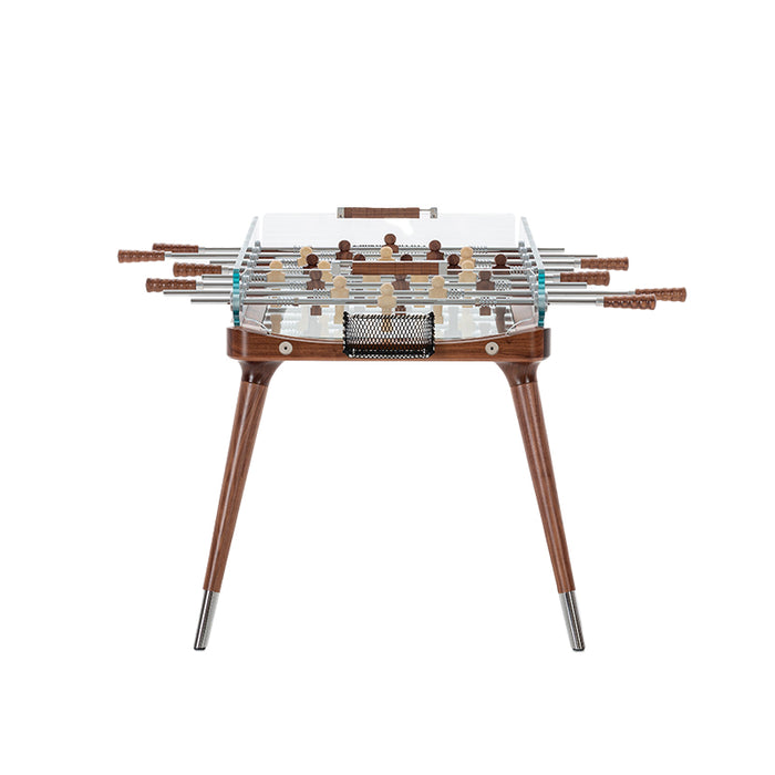 Front view of the Teckell 90 Minuto Wood Foosball Table - III Noce Italiano, showcasing the clear tempered glass and stainless steel goals.