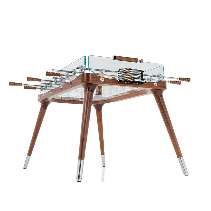 Detailed under-table view of the Teckell 90 Minuto Wood Foosball Table - III Noce Italiano, highlighting the fine craftsmanship of the walnut wood structure.