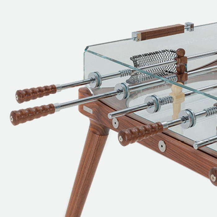 A detailed shot of the ergonomic wooden handles on the Teckell 90 Minuto Wood Foosball Table - III Noce Italiano, showcasing their smooth design.