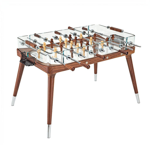 Diagonal view of the Teckell 90 Minuto walnut wood foosball table showcasing its elegant design with glass sides and wooden handles.