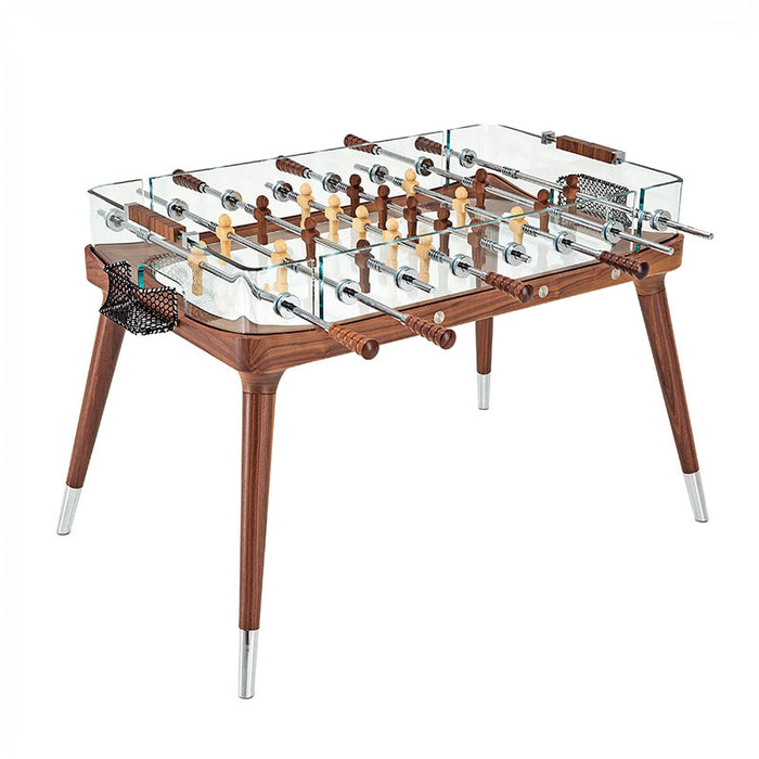 Diagonal view of the Teckell 90 Minuto walnut wood foosball table showcasing its elegant design with glass sides and wooden handles.