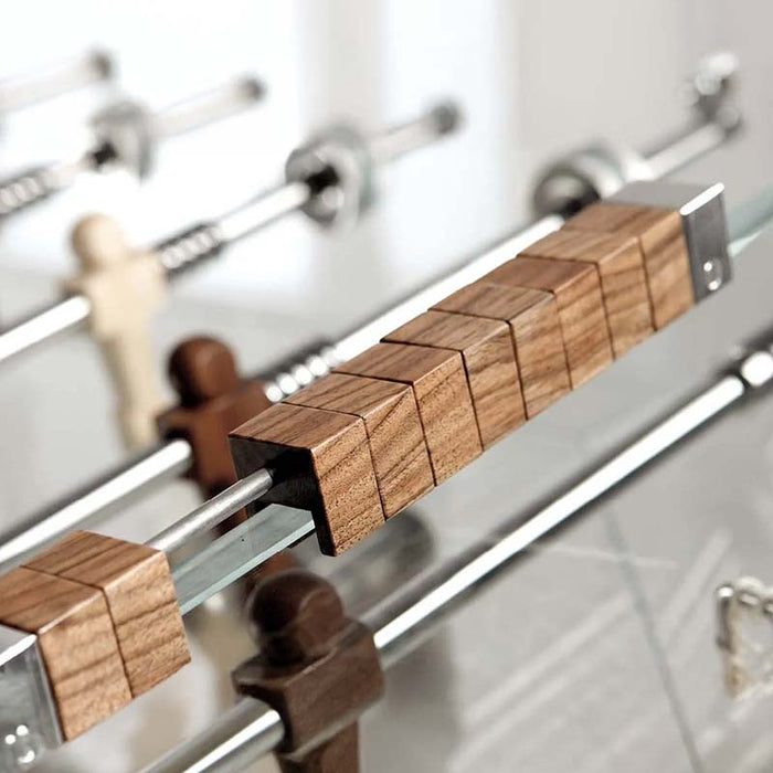 Close-up of the wooden score counter on the Teckell 90 Minuto walnut wood foosball table.