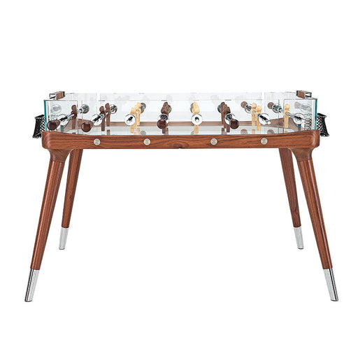 Side view of the Teckell 90 Minuto walnut wood foosball table highlighting its sleek, modern legs and detailed craftsmanship.