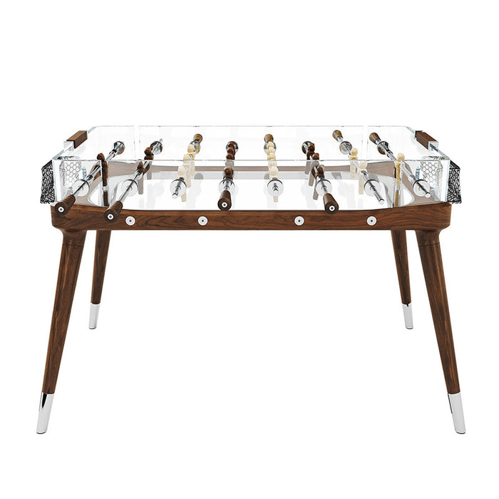 Front view of the Teckell 90 Minuto walnut wood foosball table, displaying its transparent glass structure and sophisticated wood finish.